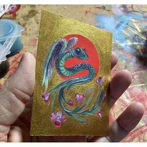 Original Painting Dragon Aceo Surrealism Art Snake Flying Art Deco Artettina USA